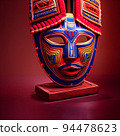 Peruvian Mayan Mask on stand in studio. Multi color. Ancient art. Studio Backdrop. Filmic lighting. Front light. Top light. Directional lighting. 94478623