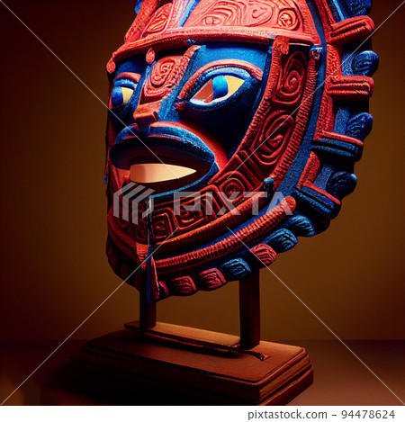 Peruvian Mayan Mask on stand in studio. Multi color. Ancient art. Studio Backdrop. Filmic lighting. Front light. Top light. Directional lighting. 94478624