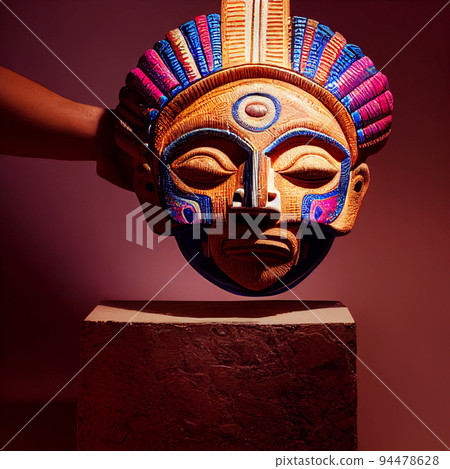 Peruvian Mayan Mask on stand in studio. Multi color. Ancient art. Studio Backdrop. Filmic lighting. Front light. Top light. Directional lighting. 94478628