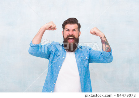 i am powerful. everyday winner. Male fashion. happy mature hipster with beard. brutal caucasian hipster with moustache. express happiness. feel success after barbershop. Bearded man celebrate success 94479078
