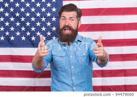 American man journalist reporter USA flag background, welcoming concept American man journalist reporter USA flag background, welcoming concept 94479080