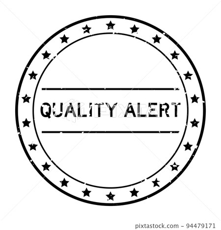 Grunge black quality alert word round rubber seal stamp on white background 94479171