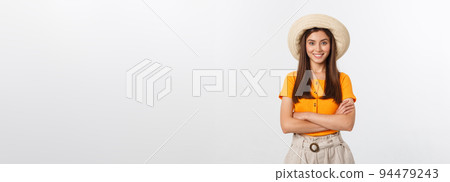 Travel concept - Close up Portrait young beautiful attractive girl wtih trendy hat and smiling. White Background. Copy space. Travel concept - Close up Portrait young beautiful attractive girl wtih trendy hat and smiling. White Background. Copy space. 94479243