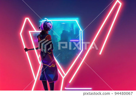 Beautiful Young Female Gamer Plays RPG Video Game on a Championship. Diverse Esport Team Play in Mock-up Video Game. Stylish Neon Cyber Games Arena. Side Arc View , anime style 94480067