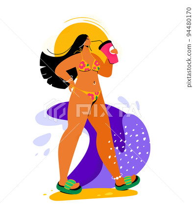 Girl drinking a cocktail - colorful flat design style illustration 94480170