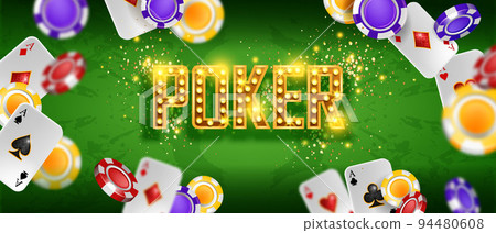Casino vector green table background, VIP poker gambling game poster, flying chips, playing cards 94480608