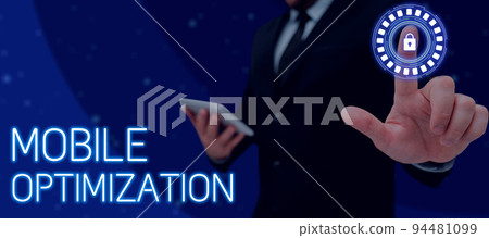 Inspiration showing sign Mobile Optimization. Business approach Site Content Reformatted for Handheld or Tablet Devices 94481099