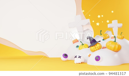 3d Render, Happy Halloween Day background with night scene and cute spooky design. Halloween pumpkins, skull, ghost and spider decorations on dark purple background. Trick or Treat party celebrate. 94481317