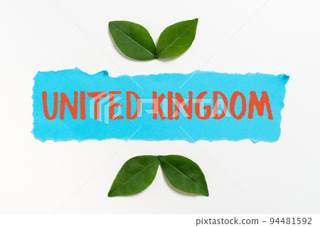 Sign displaying United KingdomIsland country located off the northwestern coast of Europe. Word Written on Island country located off the northwestern coast of Europe 94481592