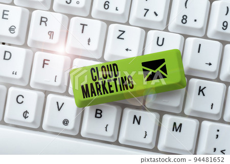 Hand writing sign Cloud MarketingThe process of an organisation to market their services. Business approach The process of an organisation to market their services 94481652