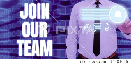 Text showing inspiration Join Our Team. Word for Allied Associate Work with us New Employee Hired Enlist Text showing inspiration Join Our Team. Word for Allied Associate Work with us New Employee Hired Enlist 94481696