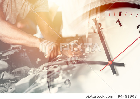 Times to mechanic working service a car. Vehicle inspection engine test and maintenance schedule timing concept. 94481908