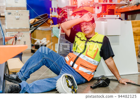 Asian worker Industry engineer staff man illness sick from flu headache uncomfortable down on the floor need emergency medical help. 94482125