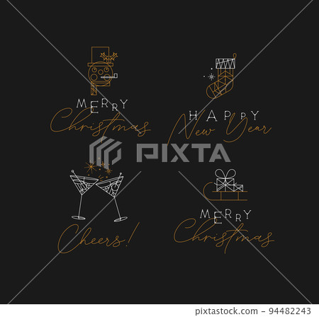 Christmas and Happy New Year art deco labels with lettering drawing in modern vintage line style 94482243