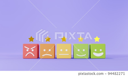 3d render of Customer satisfaction Choices rating from bad to good with star light. Minimal design concept on pastel purple background. Users give rating for evaluation. 3d render of Customer satisfaction Choices rating from bad to good with star light. Minimal design concept on pastel purple background. Users give rating for evaluation. 94482271