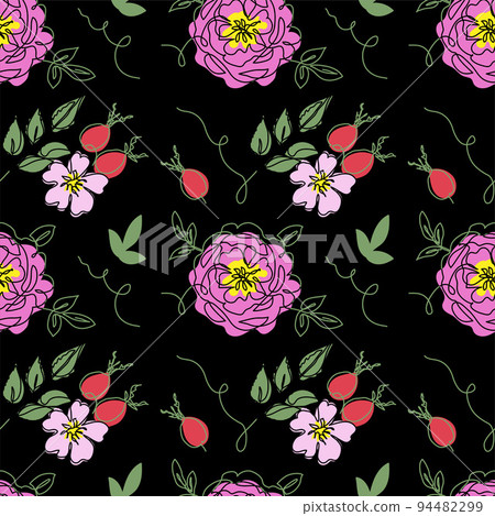 Dog rose, rosehip, briar, rosa canina, wild rose vector seamless pattern on black background. One continuous line art drawing of flowers and berries, dog rose pattern 94482299