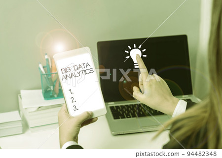 Hand writing sign Big Data AnalyticsThe process of examining large and varied data sets. Concept meaning The process of examining large and varied data sets 94482348