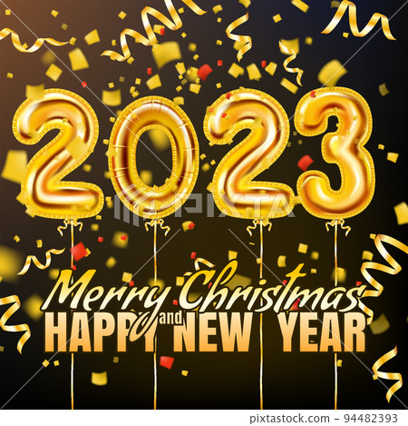 2023 Golden foil numerals balloons, Merry Christmas and Happy New Year 2023 banner 94482393
