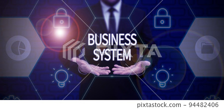 Text sign showing Business SystemA method of analyzing the information of organizations. Word for A method of analyzing the information of organizations 94482406