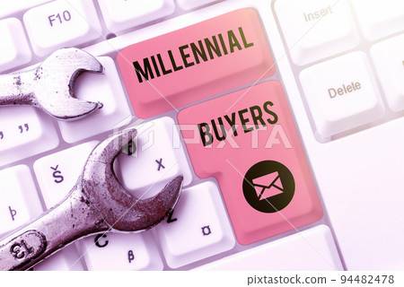 Hand writing sign Millennial BuyersType of consumers that are interested in trending products. Business showcase Type of consumers that are interested in trending products 94482478