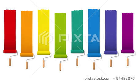 Paint rollers with colorful bright color fields, red, orange, yellow, green, blue, purple. Painting tools with wooden handles for artists and decorators to paint walls or large screens. 94482876