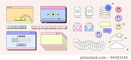 Retro browser computer window set in 90s vaporwave style with smile face hipster stickers. Collection of pc desktop popup message boxes and user interface elements, Vector illustration of UI and UX Retro browser computer window set in 90s vaporwave style with smile face hipster stickers. Collection of pc desktop popup message boxes and user interface elements, Vector illustration of UI and UX 94483345