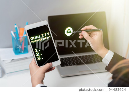 Text caption presenting Quality ManagementMaintain Excellence Level High Standard Product Services. Conceptual photo Maintain Excellence Level High Standard Product Services 94483624