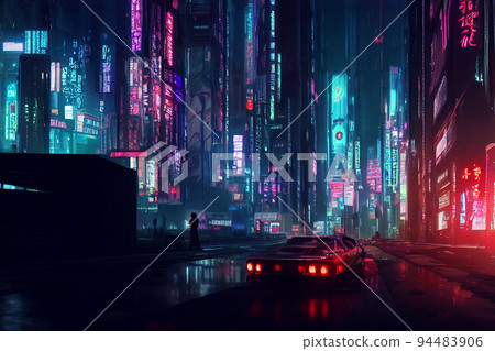 cyberpunk,city,metropolis,neon, rain,art illustration Stock Illustration