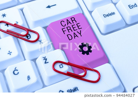 Sign displaying Car Free Day. Word for Environment protection world campaign avoiding pollution 94484027