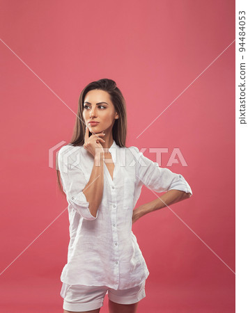 Portrait of dream dreamy nice pretty cute lady youth people touch chin thought choose decide solve problems dilemmas wear fashionable outfit isolated pink background 94484053
