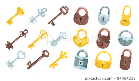 Silver and Golden Key and Lock as Device for Closing and Opening Door Vector Set Silver and Golden Key and Lock as Device for Closing and Opening Door Vector Set 94484232