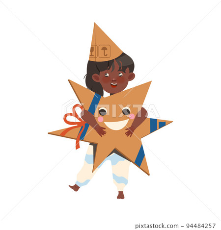 Happy African American Girl in Homemade Cardboard Star Costume Playing and Having Fun Vector Illustration Happy African American Girl in Homemade Cardboard Star Costume Playing and Having Fun Vector Illustration 94484257