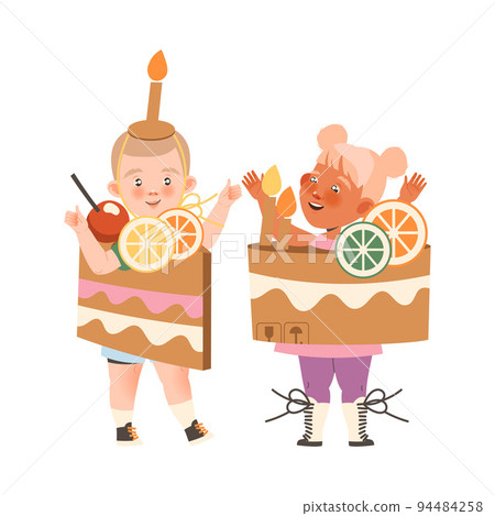 Little Boy and Girl in Homemade Cardboard Cake Costume Playing and Having Fun Vector Illustration Little Boy and Girl in Homemade Cardboard Cake Costume Playing and Having Fun Vector Illustration 94484258