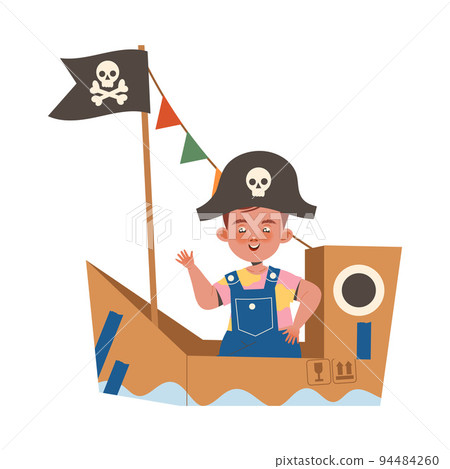 Happy Little Boy in Homemade Cardboard Boat in Pirate Hat Playing and Having Fun Vector Illustration Happy Little Boy in Homemade Cardboard Boat in Pirate Hat Playing and Having Fun Vector Illustration 94484260