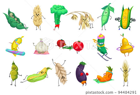 Cartoon Cereal and Vegetable Food Character Playing Sport and Doing Physical Activity Big Vector Set 94484291