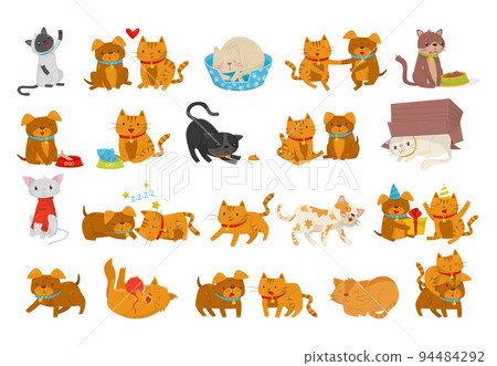 Cats and Dogs Domestic Pet with Cute Snout Engaged in Different Activity Big Vector Set 94484292