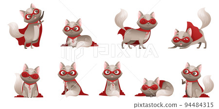 Cat Superhero Character with Grey Coat Wearing Red Cloak and Mask Vector Set 94484315
