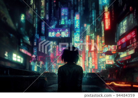 Concept art illustration of cityscape of asian cyberpunk city at night 94484359