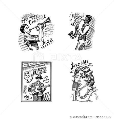 Woman jazz singer sings into a microphone Sketch. Afro American saxophonist. Male musician with a Woman jazz singer sings into a microphone Sketch. Afro American saxophonist. Male musician with a 94484499