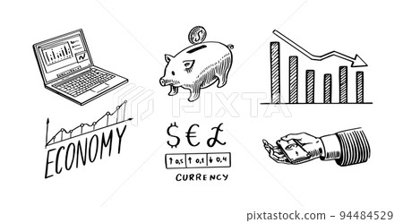 Economy poster. Finance and money. Piggy bank, calculator and graphs. Set of hand drawn icons for Economy poster. Finance and money. Piggy bank, calculator and graphs. Set of hand drawn icons for 94484529