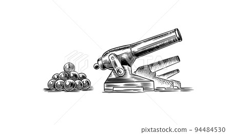 Antique cannon in vintage style. Large-caliber gun or artillery with explosive chemical propellant Antique cannon in vintage style. Large-caliber gun or artillery with explosive chemical propellant 94484530