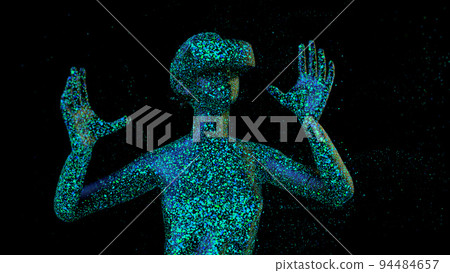 Metaverse concept. Woman with VR virtual reality goggles is working. 3D render. Metaverse concept. Woman with VR virtual reality goggles is working. 3D render. 94484657