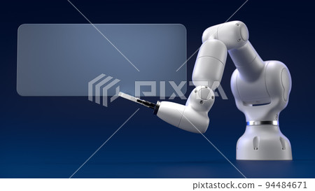 Robotics arm holding blank blue boards on black background. Robotics arm holding blank blue boards on black background. 94484671