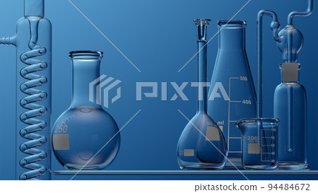 Glass chemistry lab equipment on blue background. Chemistry Lab concept. 3d Glass chemistry lab equipment on blue background. Chemistry Lab concept. 3d 94484672