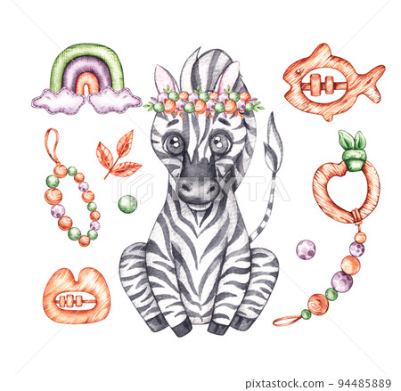 Watercolor zebra on a white background with boho-style toys Watercolor zebra on a white background with boho-style toys 94485889