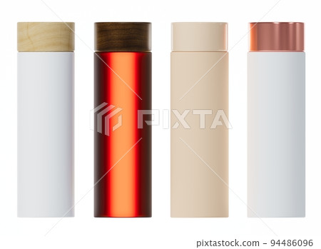 Four different shampoo bottles, plastic and glass cosmetic packaging assorted set 3D render isolated on white background 94486096