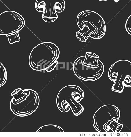 Vector Seamless Pattern with Hand Drawn Black and White Outline Drawing Champignon. Cartoon Champignon Mushrooms. Design Template for Textile, Wallpapers, Cards, Fabrics, Packaging, Wrapping Vector Seamless Pattern with Hand Drawn Black and White Outline Drawing Champignon. Cartoon Champignon Mushrooms. Design Template for Textile, Wallpapers, Cards, Fabrics, Packaging, Wrapping 94486345