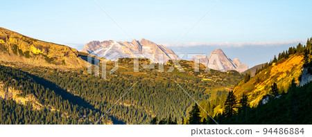 Dolomites panoramic view with Marmolada at morning sunrise time 94486884
