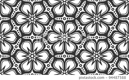Seamless flower pattern. Abstract geometric floral black and white texture. Vintage fashion fabric ornament, carpet, wallpaper, packaging wrapping paper print. Monochrome lace hexagonal tile design 94487388