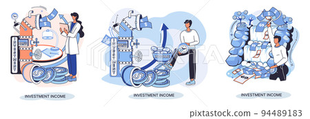 Investment, saving money and finance growth business concept metaphor. Woman analyzes charts and dividends Investment, saving money and finance growth business concept metaphor. Woman analyzes charts and dividends 94489183